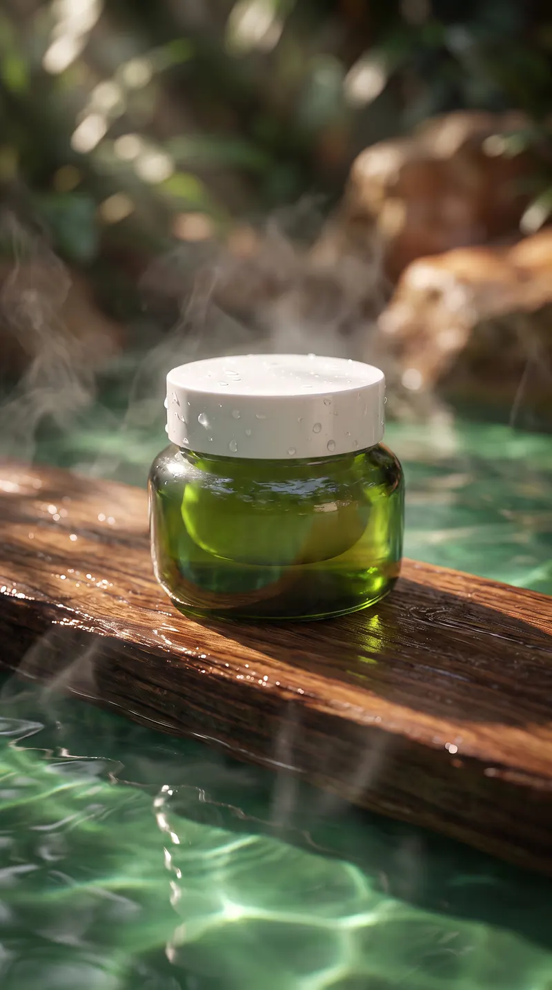 Unbranded green glass jar on wet timber beside a forest pool